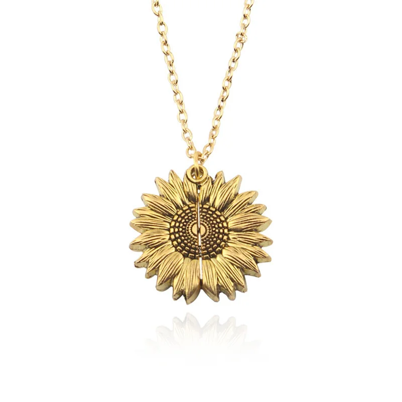 Wholesale Custom Design Women Gold You Are My Sunshine Openable Locket Sunflower Pendant Necklace