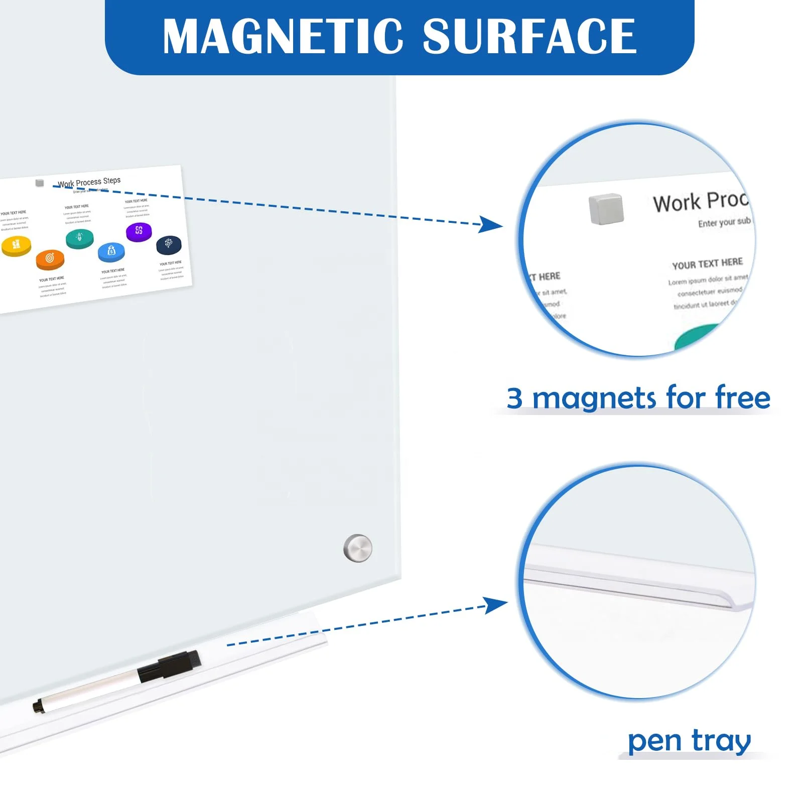 Magnetic Glass Whiteboard, 24 x 18 Inches Glass Dry Erase Board, Wall Mounted Frameless for Office School Home, Normal White