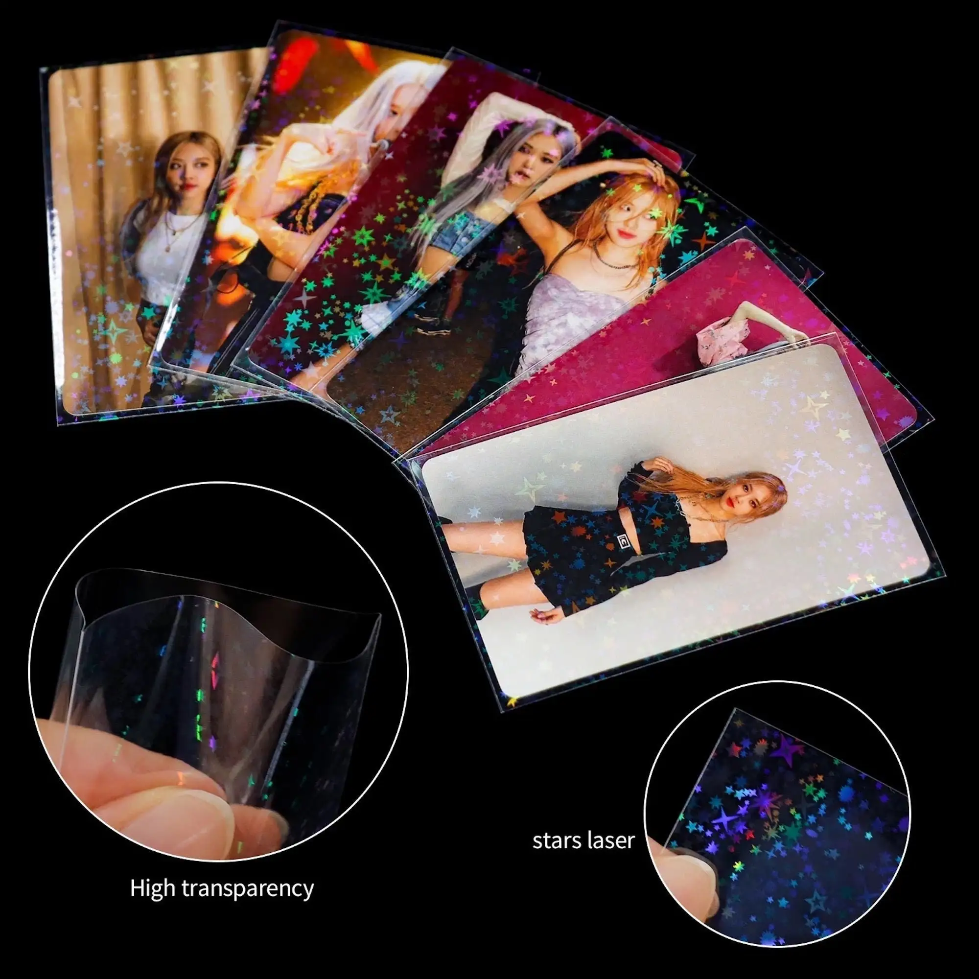 Custom Size 3x4  Transparent clear Laser Flash Hologram Holographic Thin Penny Gift Heart Kpop photocard Card Sleeves