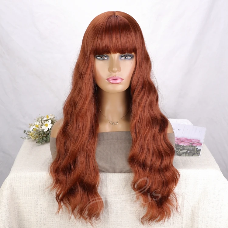 Ginger Orange Loose Wave Hair Replacement Wigs for Women Natural Looking Heat Resistant Synthetic None Lace Wigs with Full Bangs
