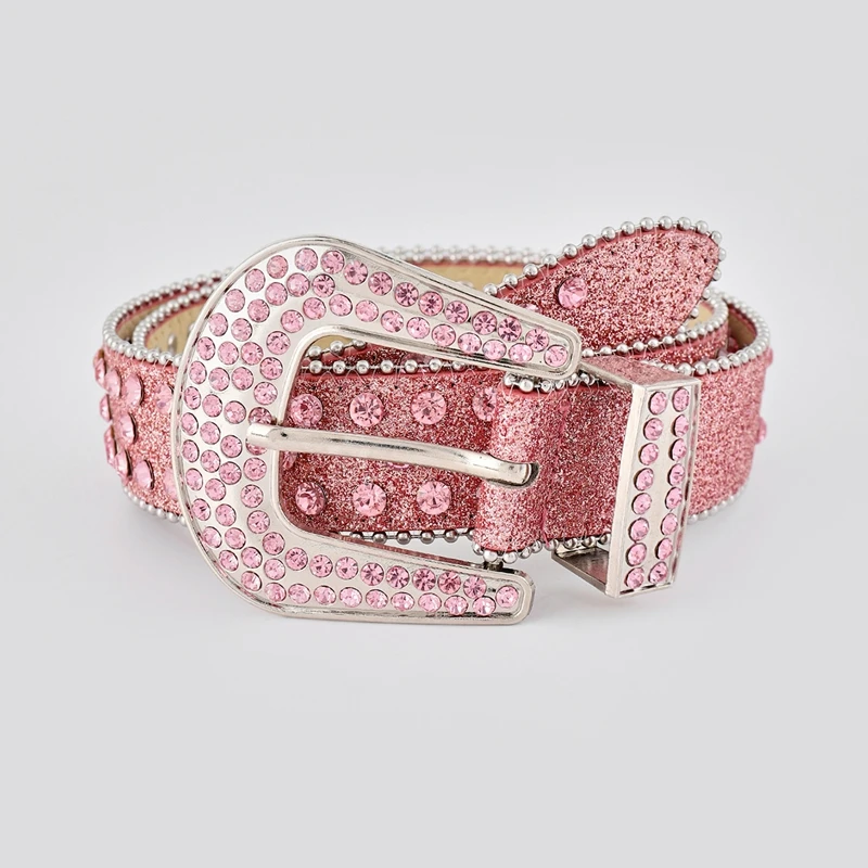 2023 новый модный Повседневный Белый Шипованный ремень со стразами Блестящий Пользовательский логотип розовый ремень со стразами