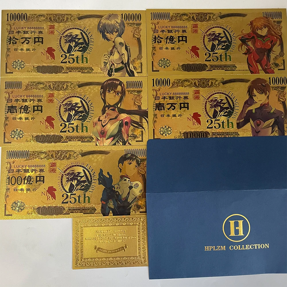5 Designs Japanese Anime Neon Genesis Evangelion Gold Banknote Commemorative banknote Plastic Card Money for Children Gift