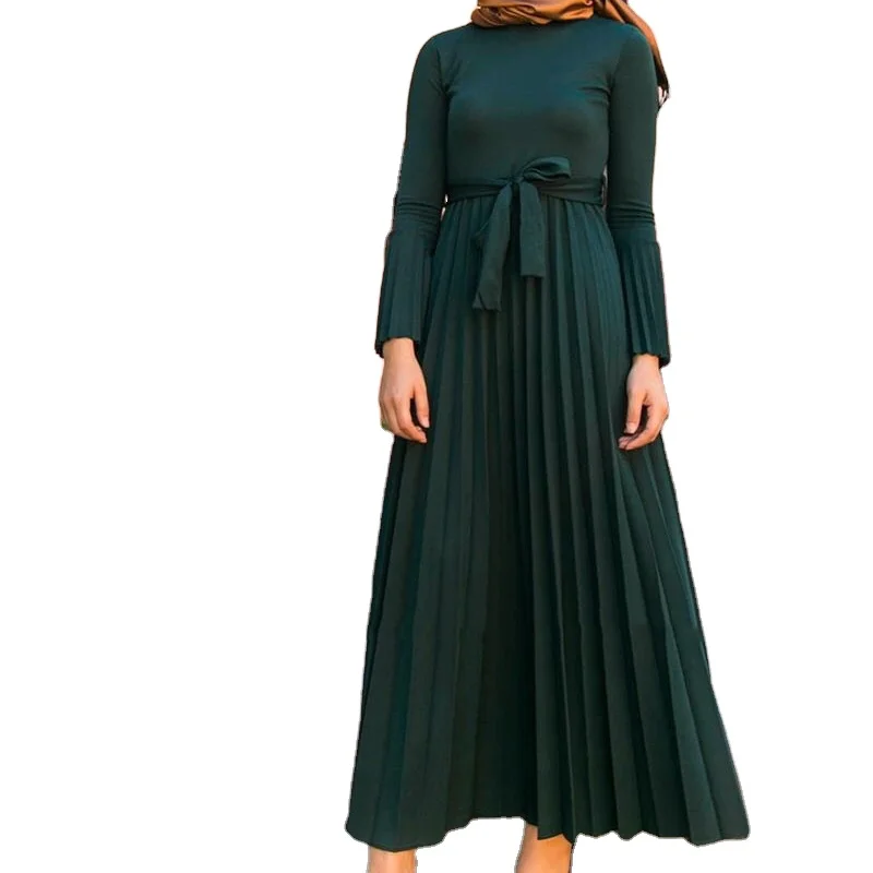 
Fashion Cotton Pleated Skirt Pleated Flared Sleeve Maxi Dress 