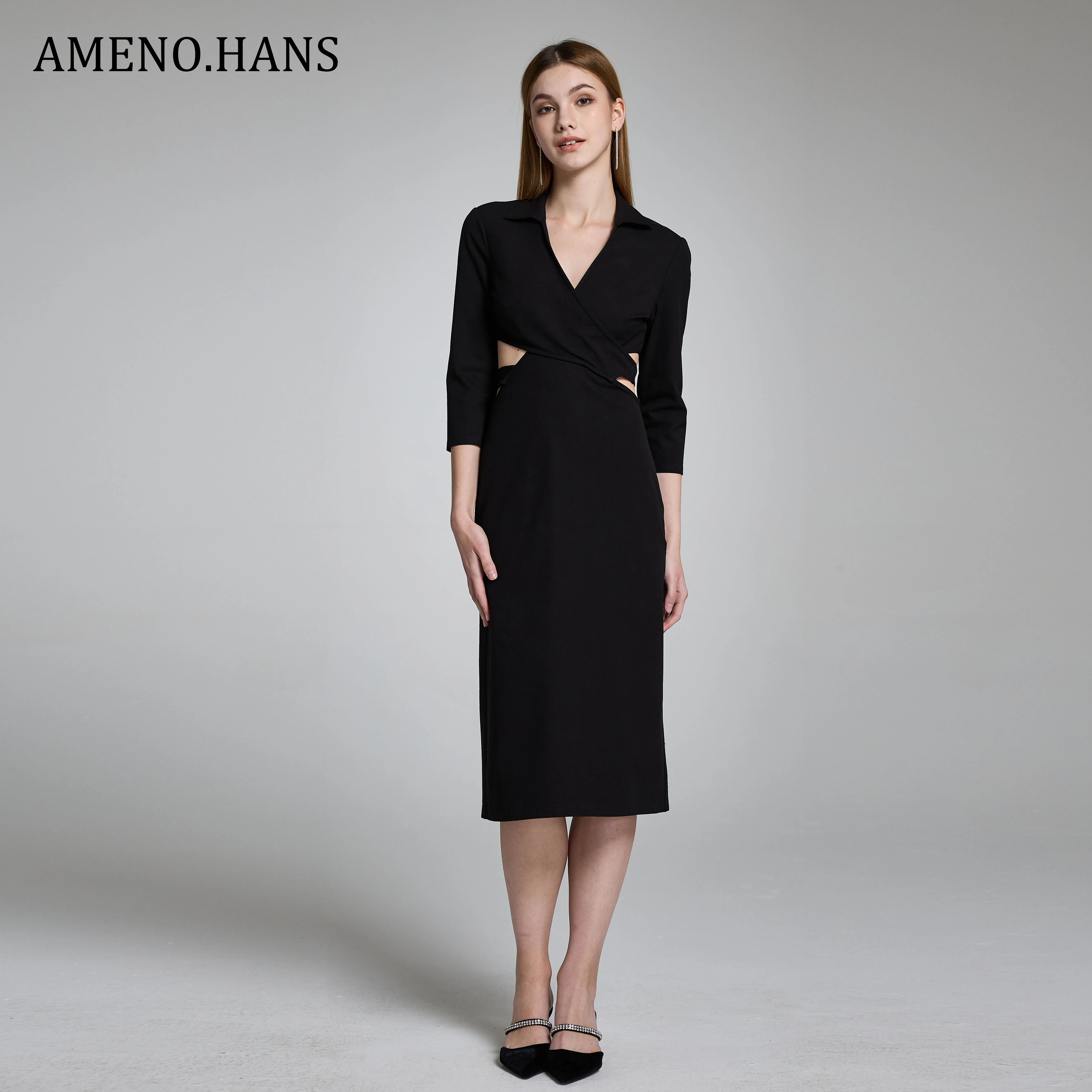 Ladies New Office Dress Hot Selling V Neck Bodycon Waist Hollow Out Career Dress