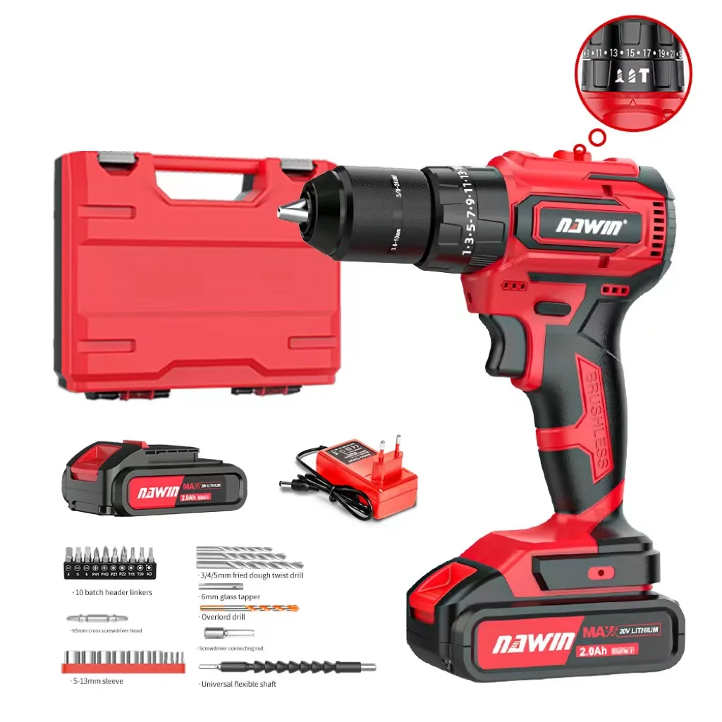 NAWIN RTS 10mm 21V Brushless Bor Cordless Impact Drill Industrial Electric Portable Power Drills