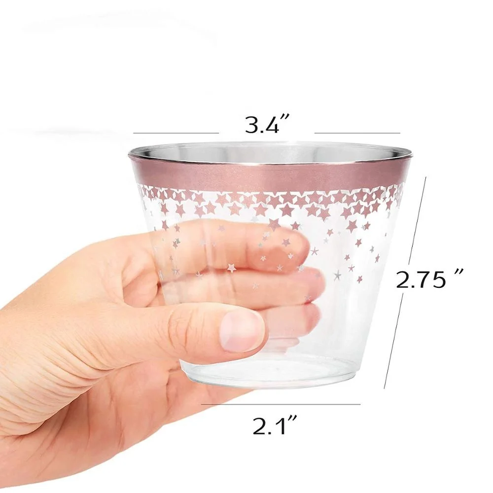 Elegant Rose Gold Rimmed 9 oz Clear Plastic Tumblers Cup