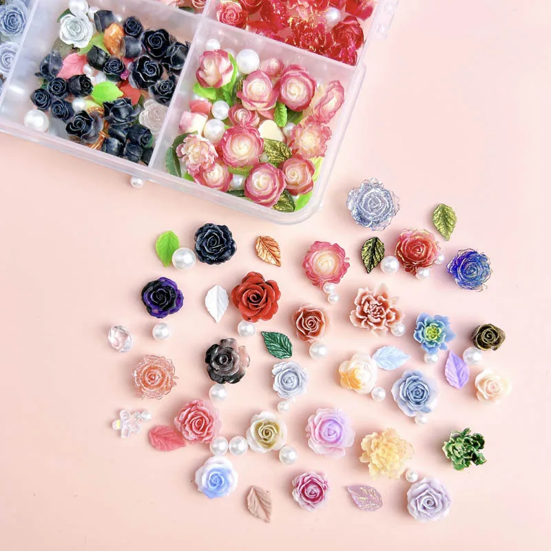 Nail Supplies 24 Grid Best Selling Bulk 3D Resin Rose Flowers Butterfly Nail Charms  Bow Pearl Rhinestone Jewelry Accessories
