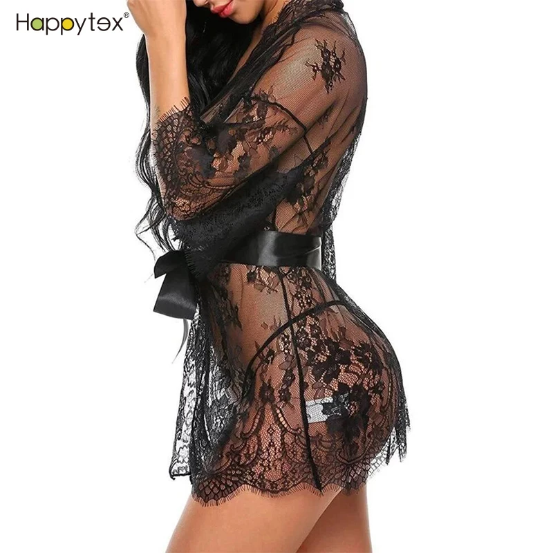 2021 High Quality Lace Mesh White Bridal Kimono Robe Transparent Lace Dresses Women Soft Homewear Sleepwear Cheap Price