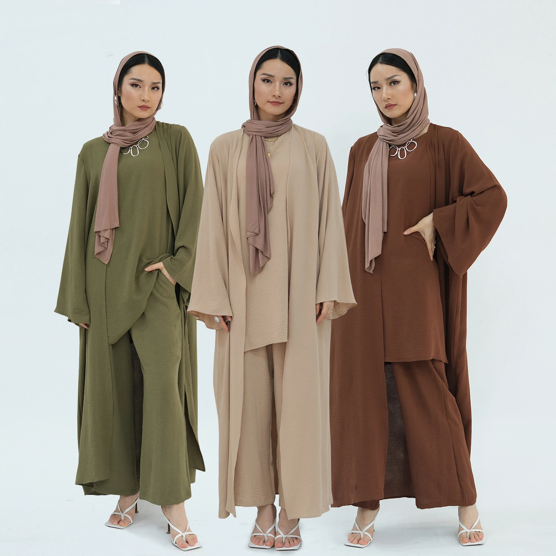 2024 Wholesale Custom Islamic Clothing Modest Dubai Jazz Crepe Cardigan Kimonos Women Muslim Dress Abaya Pants Three Pcs Sets