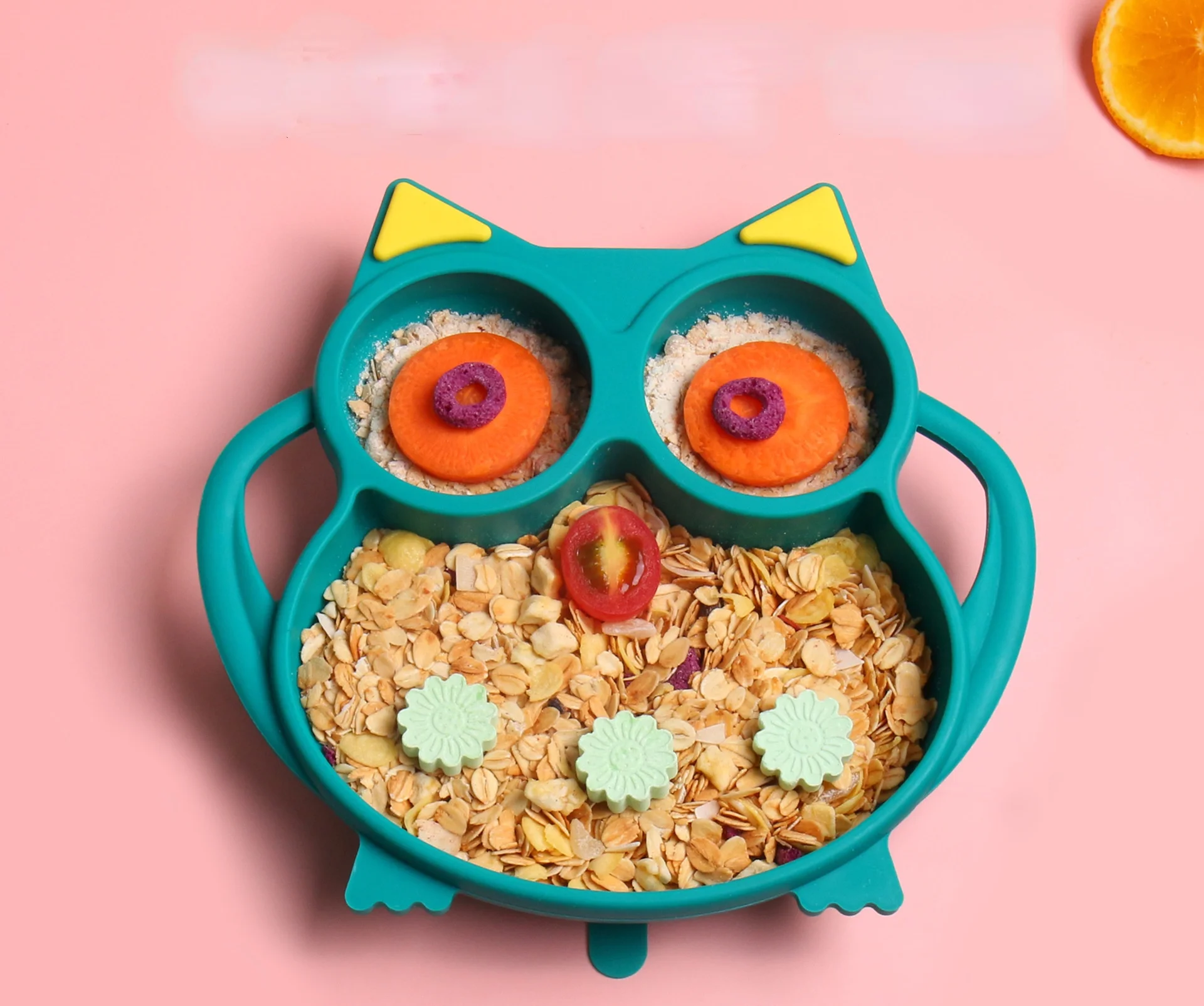 Manufacturer Supply Food Grade Silicone Owl Shape Baby Dinner Feeding Plate With Stainless Steel Spoon And Fork
