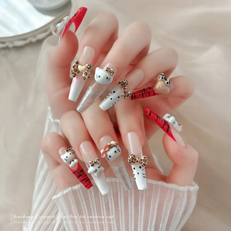 Leopard Print KT Cat Nail Accessories New Cute Cartoon Cat Bow Love Nail Accessories
