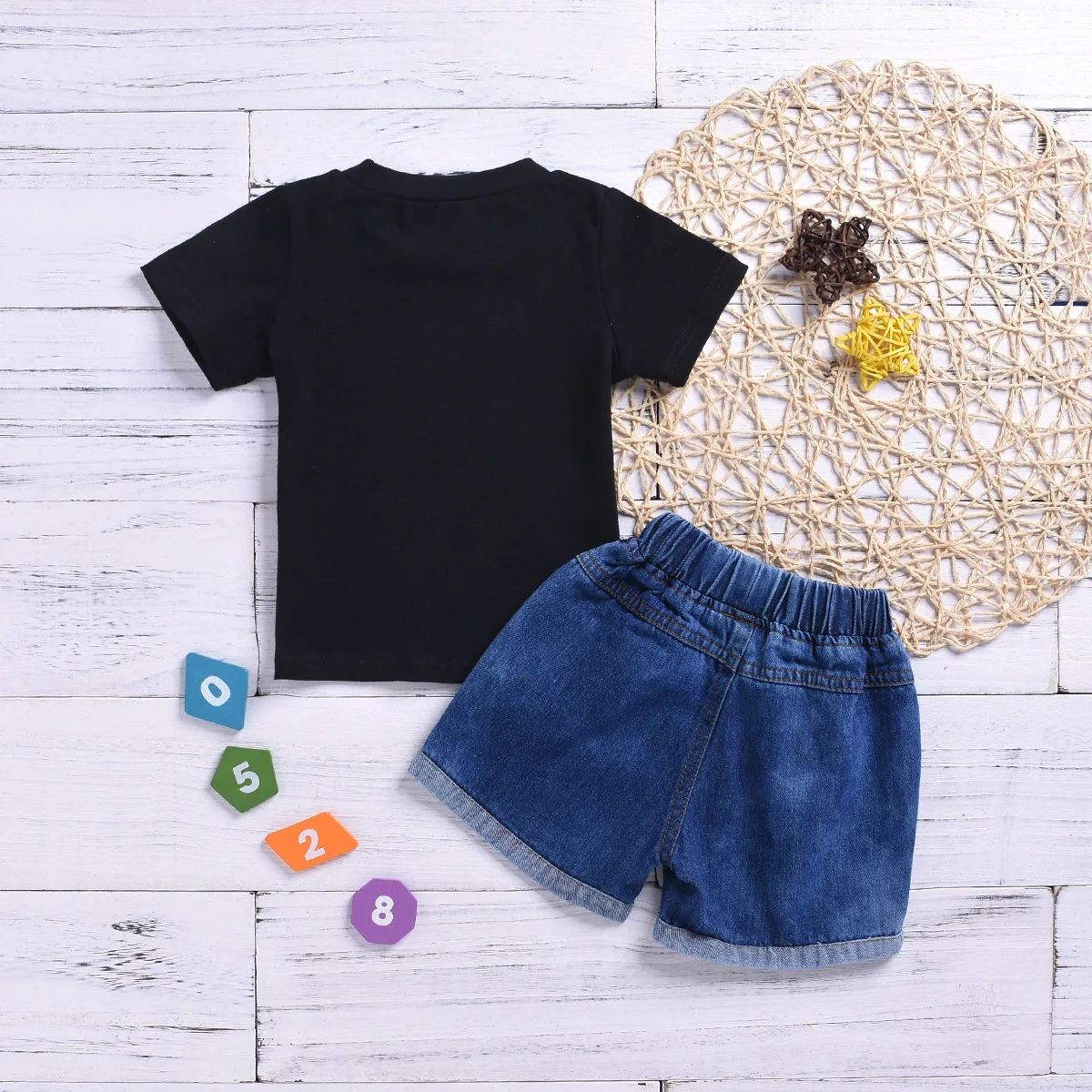 New summer baby girl letter short-sleeved printed T-shirt ripped denim shorts 2pcs clothing sets toddler girl set