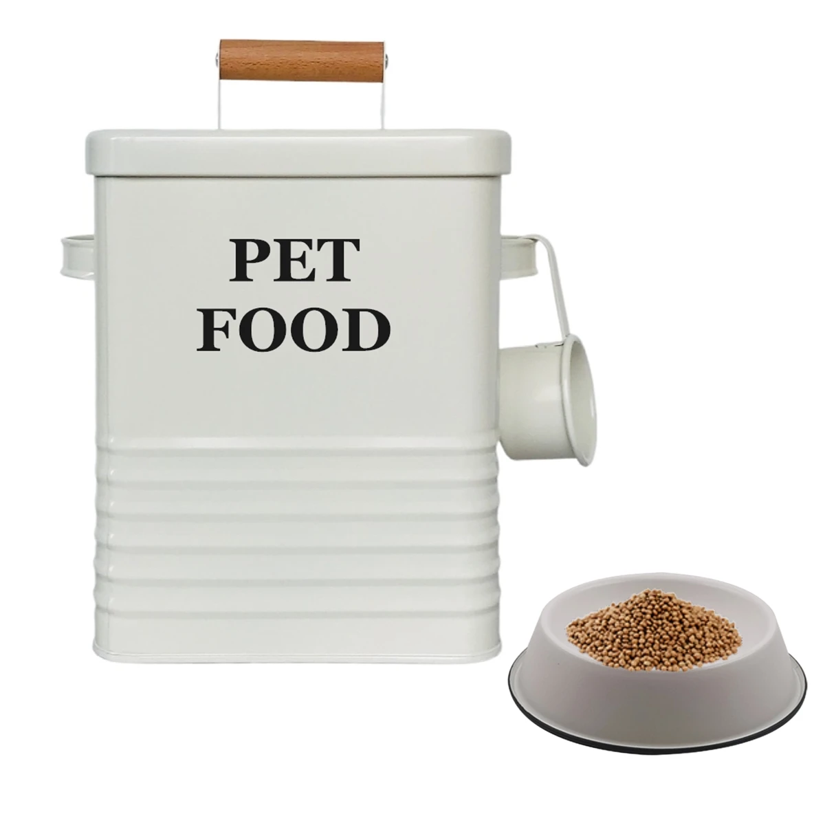 Custom Wholesale Farmhouse Metal Pet Food Treats Holder Dog Container Storage Cat Treats Tin with Scoop Pet Water Bowl
