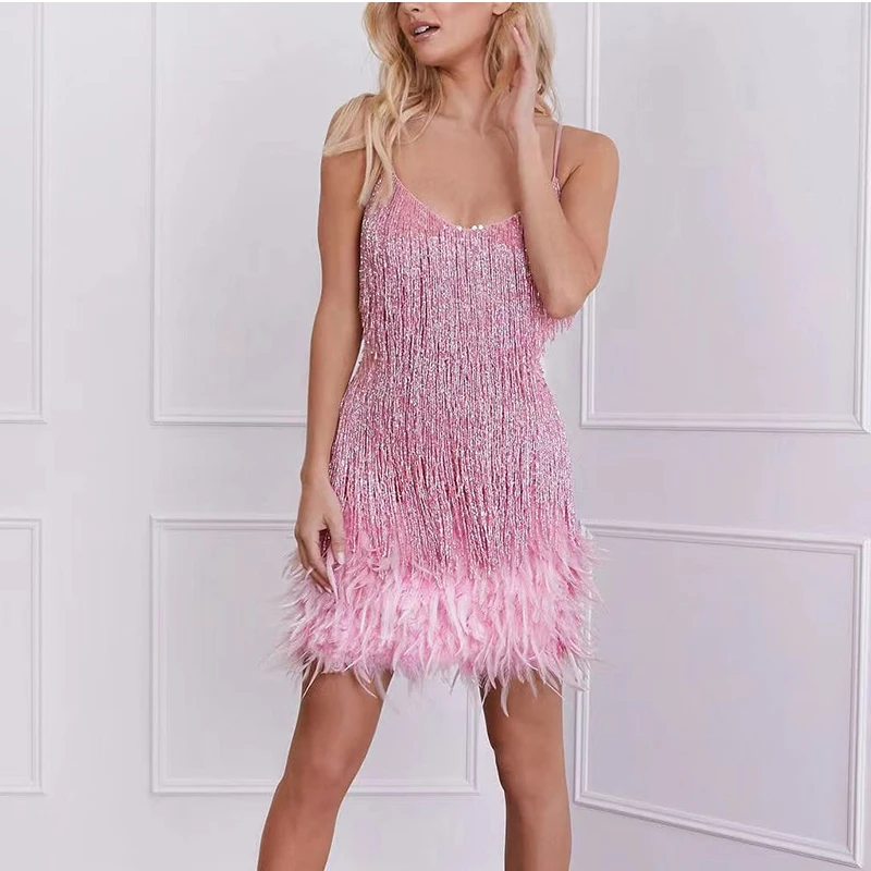 Sexy  Mini Dress Beach Party Club Night Spaghetti Strap Tassel Dress Pink Feather Dress