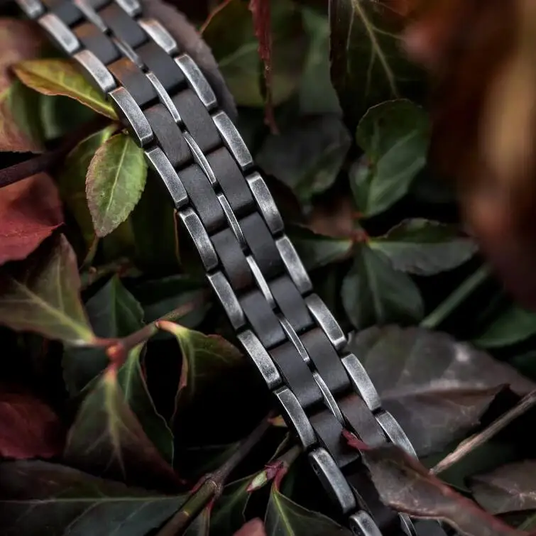 Unique Amazing Mens Link Bracelet Antique Silver Stainless Steel Ebony Hawaiian Handmade Wood Bracelets For Men