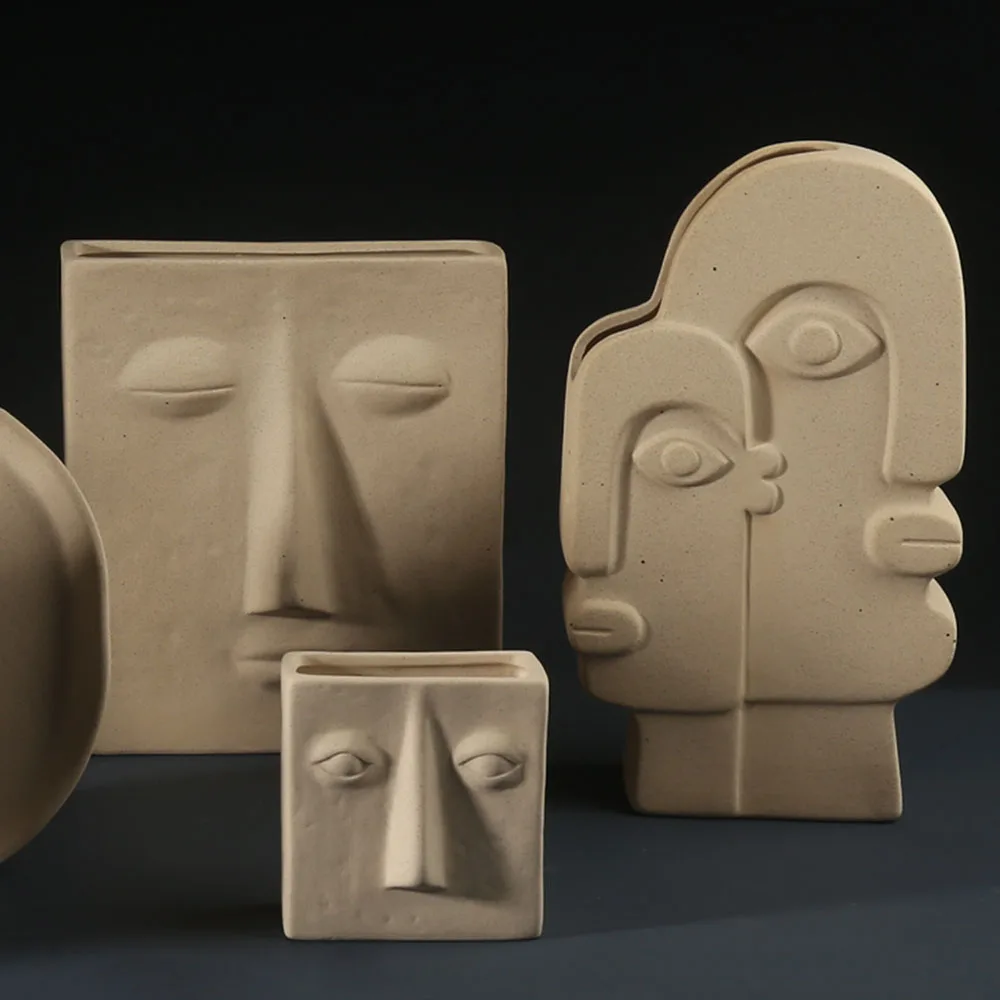 Modern Popular Fashion Antique Human Face Ceramic Stoneware Flower Vase