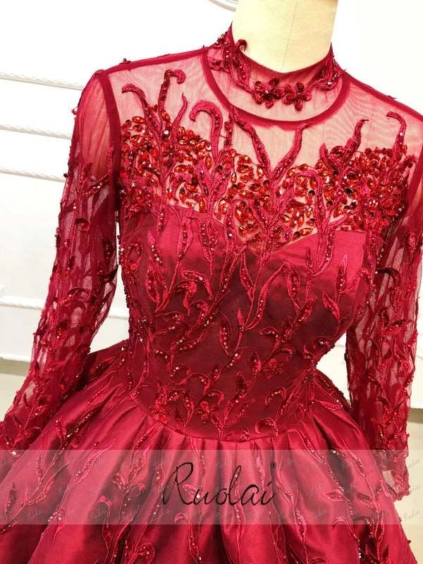 Ruolai OEV-L4013 Luxury Muslim Arabic Long Sleeves Beaded Crystal Engagement Dress Ball Gowns wedding dresses turkey istanbul