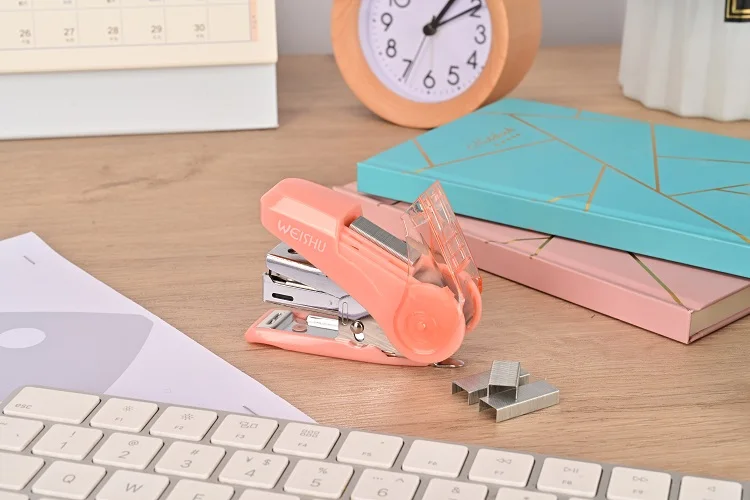 School Supplies Power Saving Office Stapler Cute Colorful Plastic Mini Stapler with Staple Storage Case