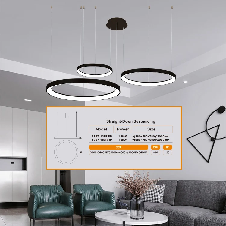 Customized Modern Hanging Lights Smart Wifi Switch Circle Ring Chandelier Silver Pendant Light modern hanging lights