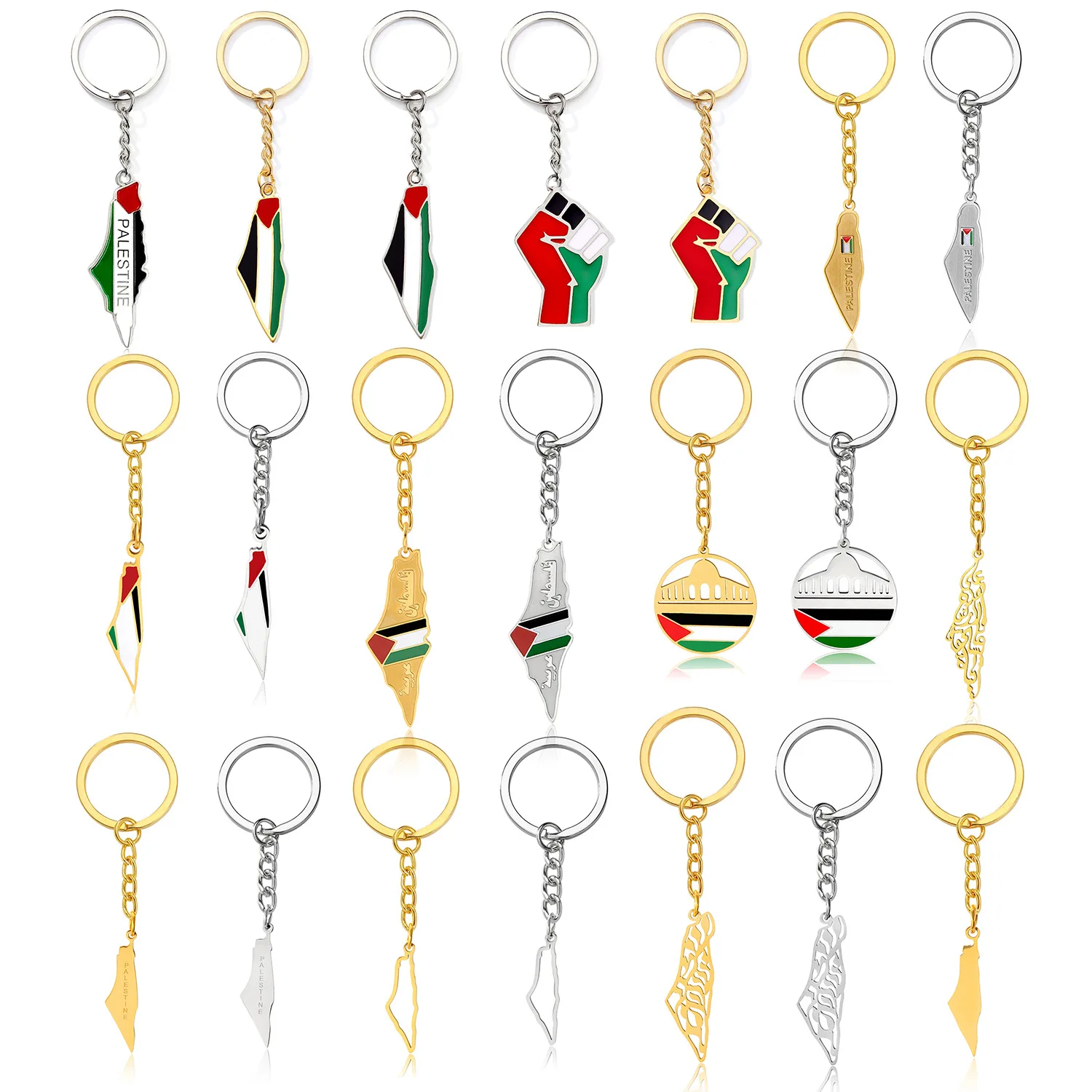 Wholesale Stainless Steel Support Palestine National Country Flag Map Keychain 18K Gold Palestine Flag Map Pendant Key Chain