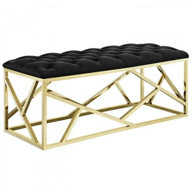 Hot Selling Modern Black Velvet Tufted and Gold Geometric Base Bench