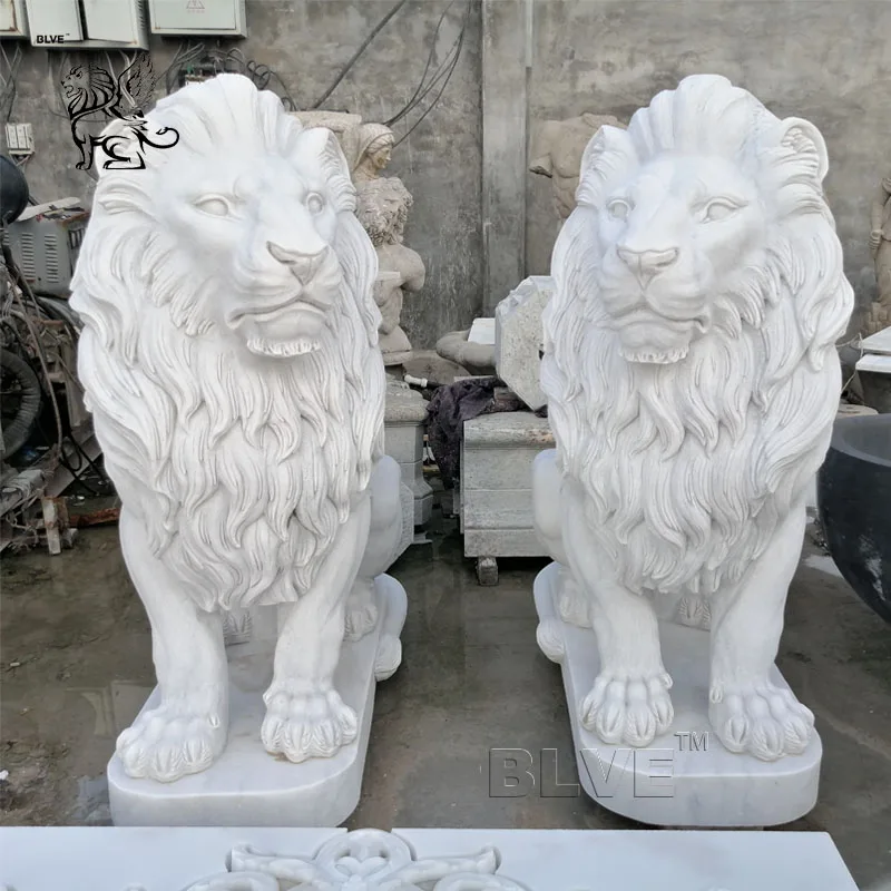 Резная вручную в западном стиле садовое украшение в натуральную величину, статуи льва из белого мрамора для продажи (1600122009021)