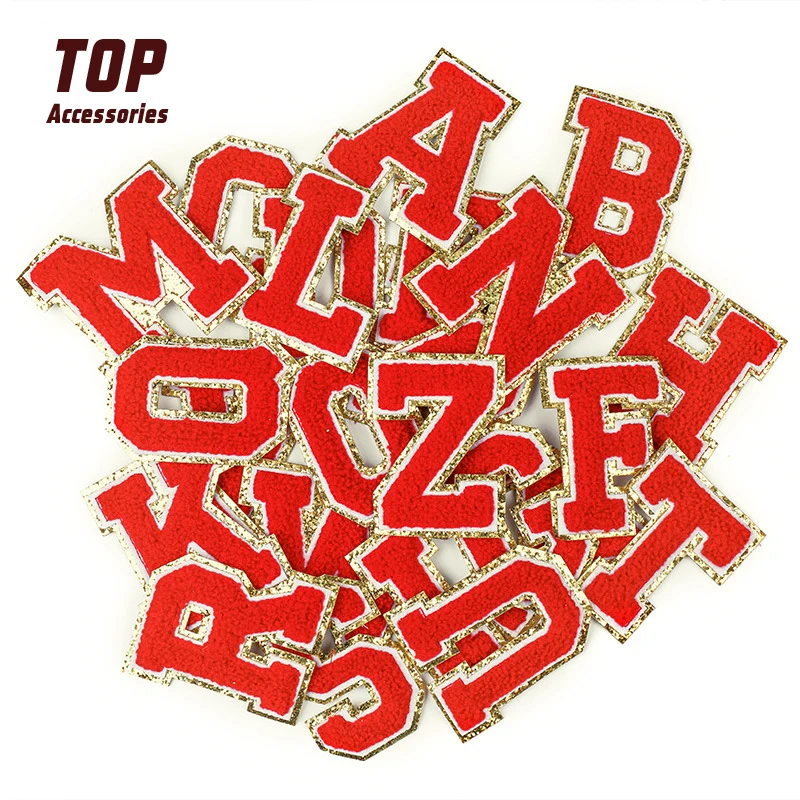8CM Glitter Gold Edge Red English Letter A-Z Chenille Embroidery Patch