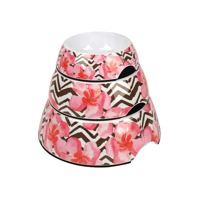 Pink Red Flower Thick Bottom Dog Food And Water Bowl Large/Small Breed Bowl Melamine For Pet
