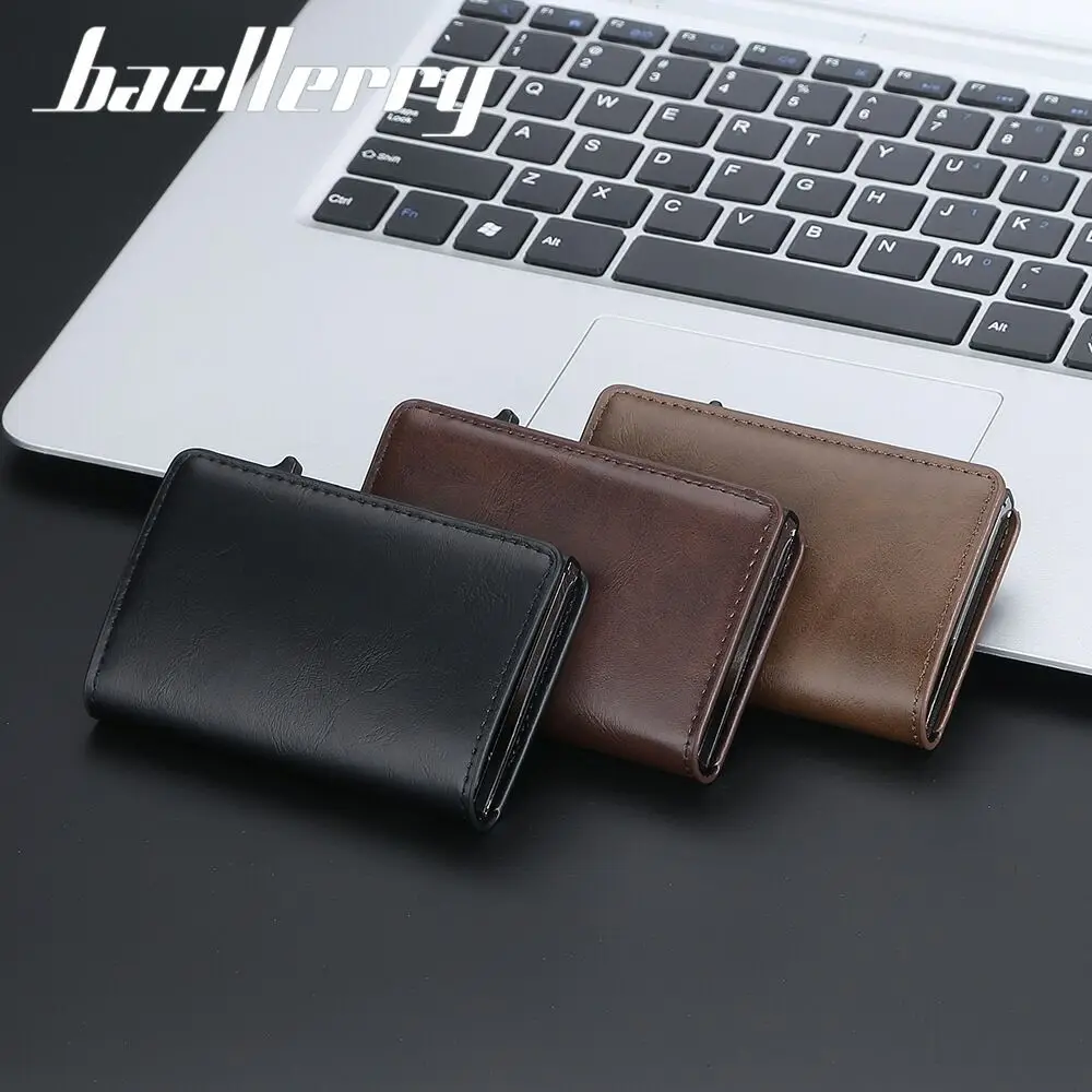 OEM baellerry latest men pop up wallets RFID Blocking Aluminum Automatic Credit Card Holder Case full pu leather pop up wallet