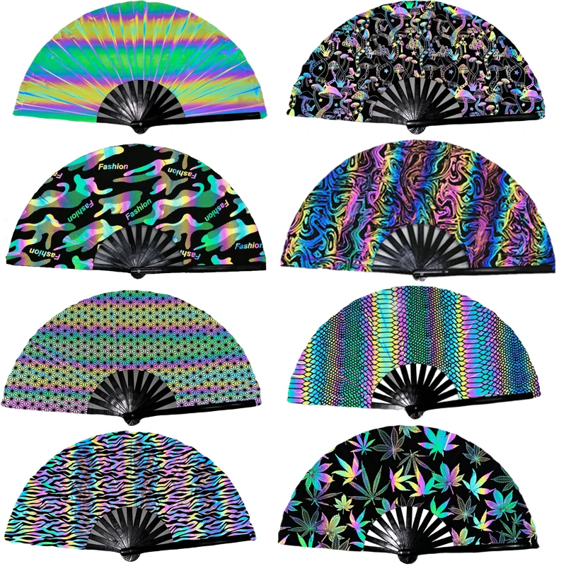 customized high visible uv light reflective large 33cm 13 inches folding clack bamboo hand fan for festival rave party culture