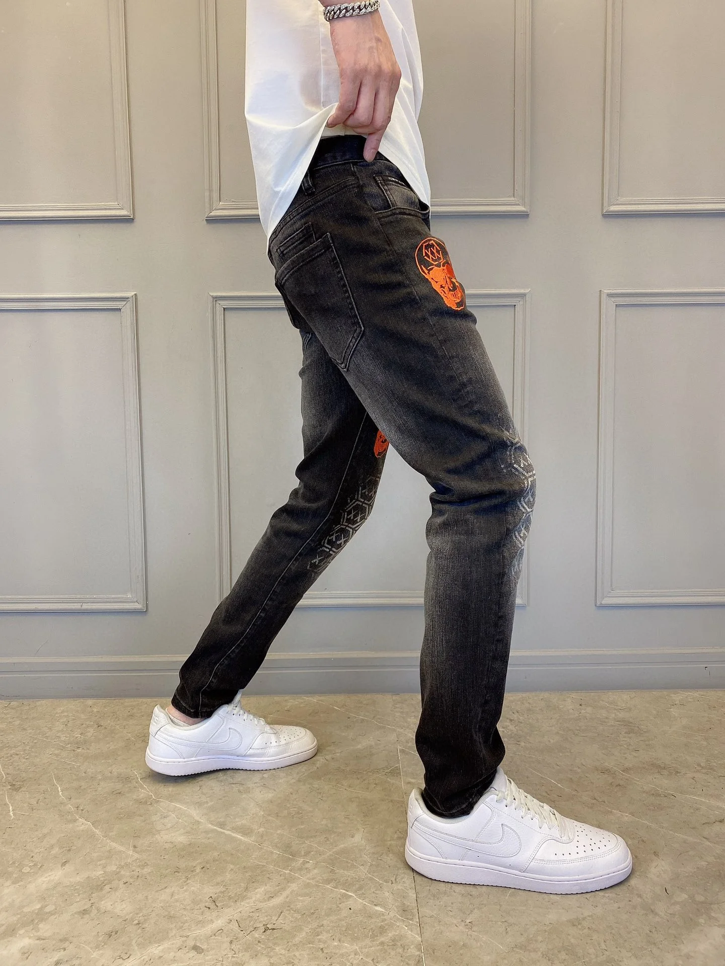 SKYKINGDOM new design fashionable jeans for men human skeleton printed high quality mens jeans casual black skinny jeans