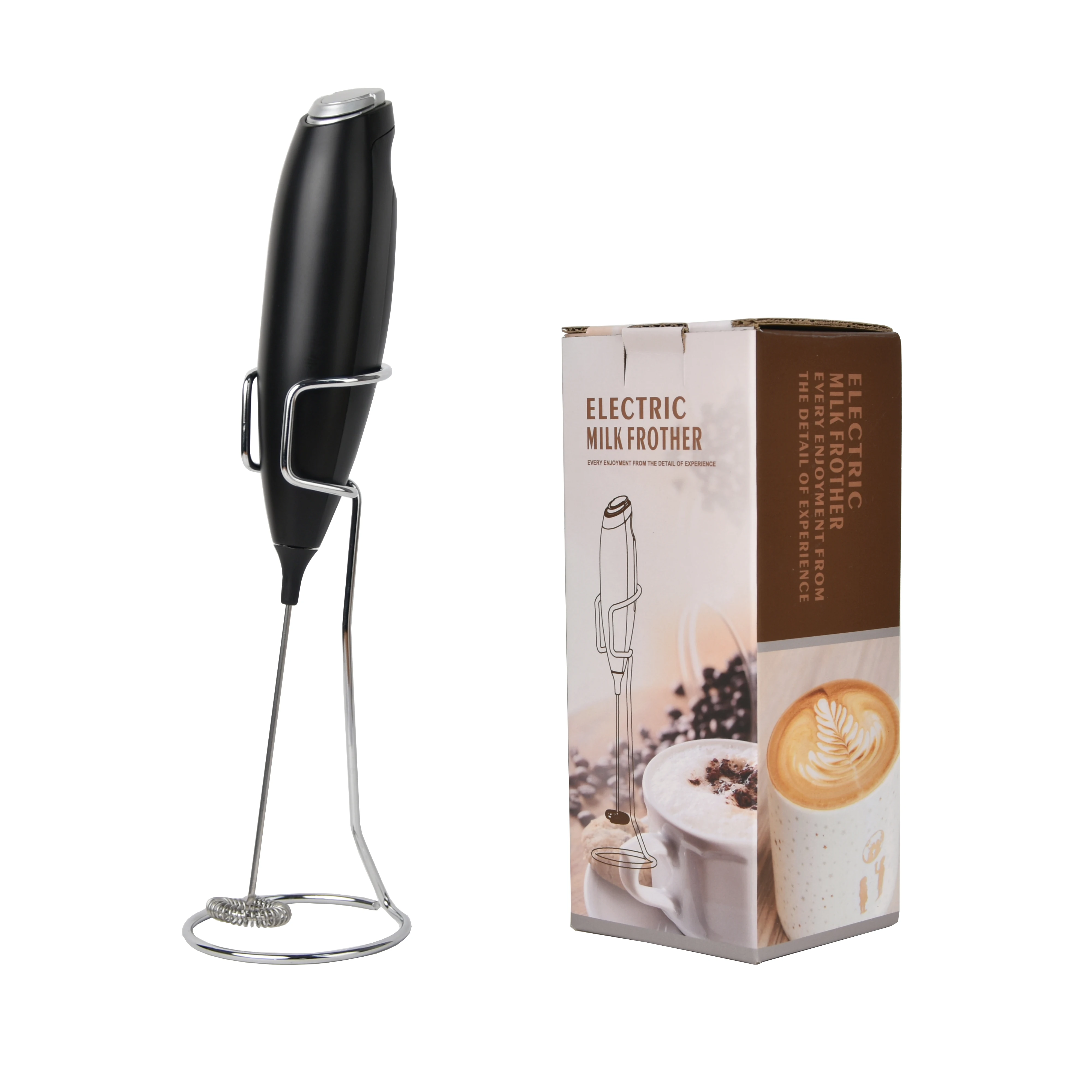 Handheld Battery Portable Automatic Electric Milk Frother with Stainless Steel Stand and Storage Hook for Coffee Blenders