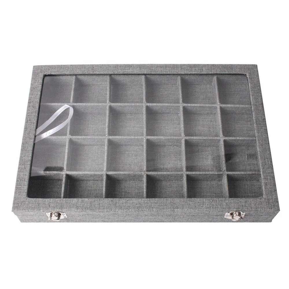 67170 24 Grids Fashion Linen Jewelry Showcase Display Tray With Glass Lid Top for Rings Earring Storage Display