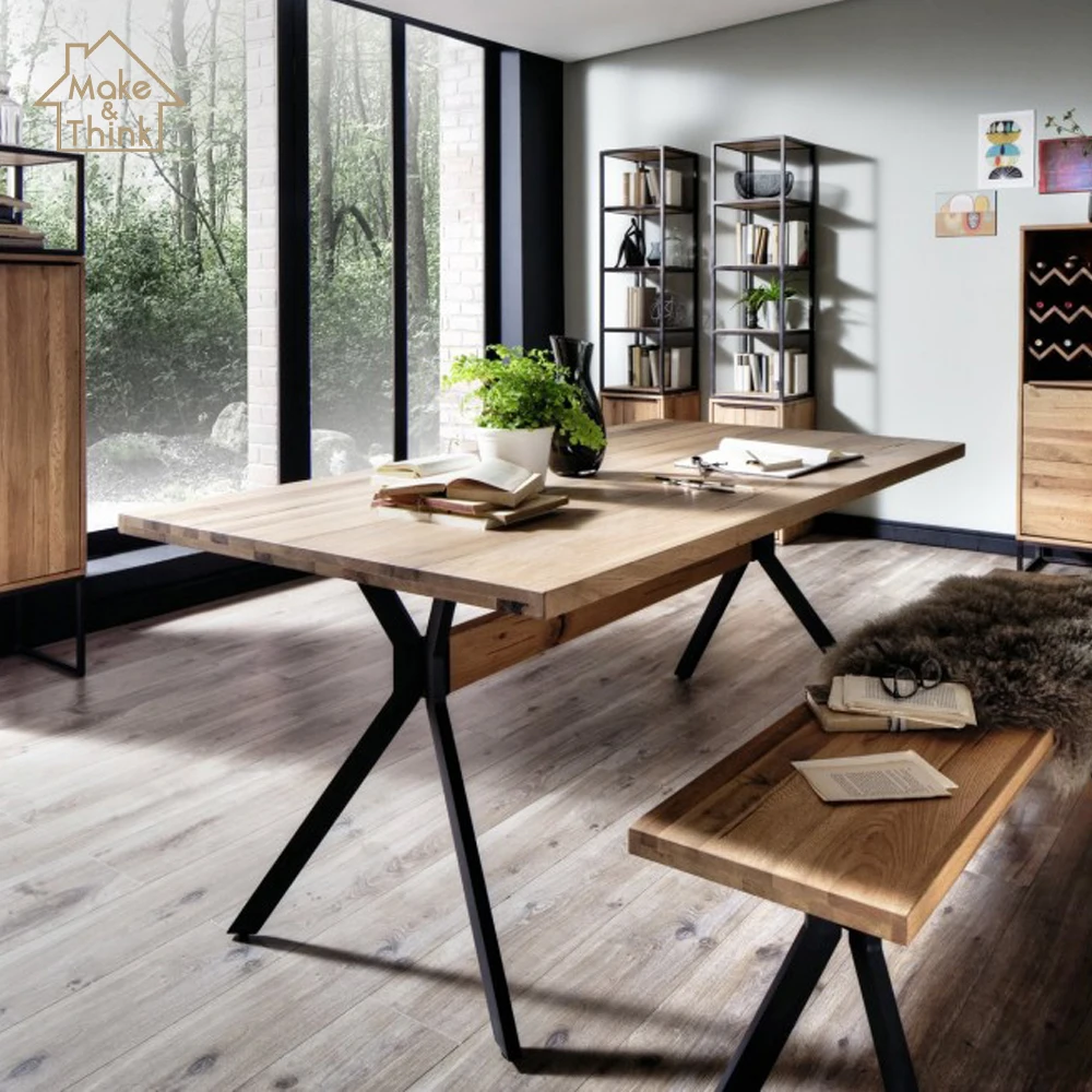 
Luxury furniture dining room table wood modern black metal legs 