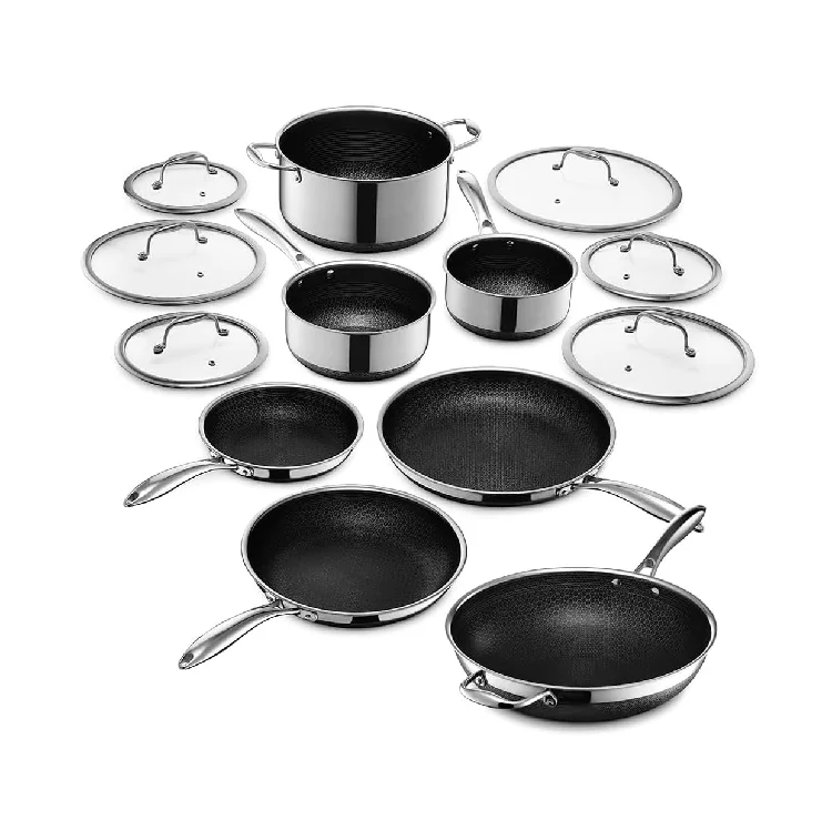 1pcs Hexclad Hybrid Non-stick Wok Cookware Set Stainless Steel Cooking Pot Kitchen Utensils with Lid3Layer Honeycomb
