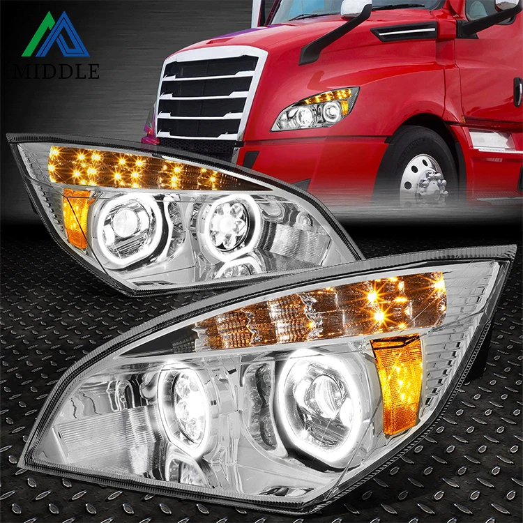 2021 MIDDLE PARTS DUAL HALO PROJECTOR CHROME STYLE HEADLIGHT FOR 2018-2020 FREIGHTLINER CASCADIA