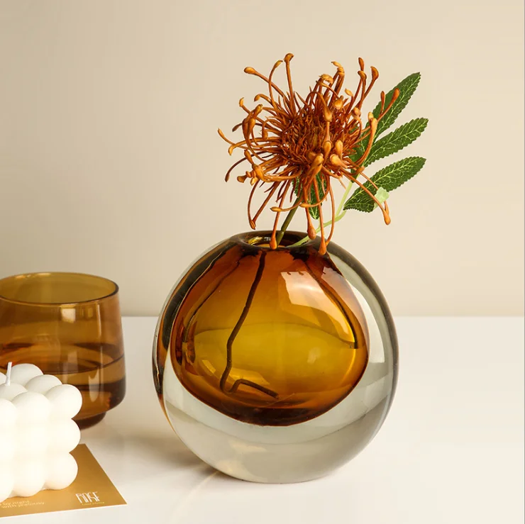 Wholesale Light Luxury Double Layer Coloured Modern Desktop Home Decor Blue Grey Brown Green Color Round Small Glass Vase