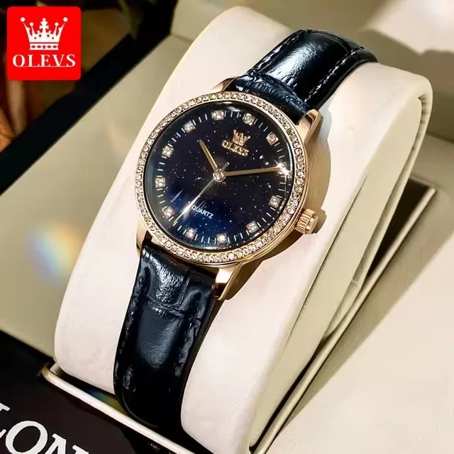 OLEVS 5605 Star Sky Quartz Watches Diamond Bling Style Black Soft Comfortable Genuine Leather Strap Women Wristwatch For Ladies