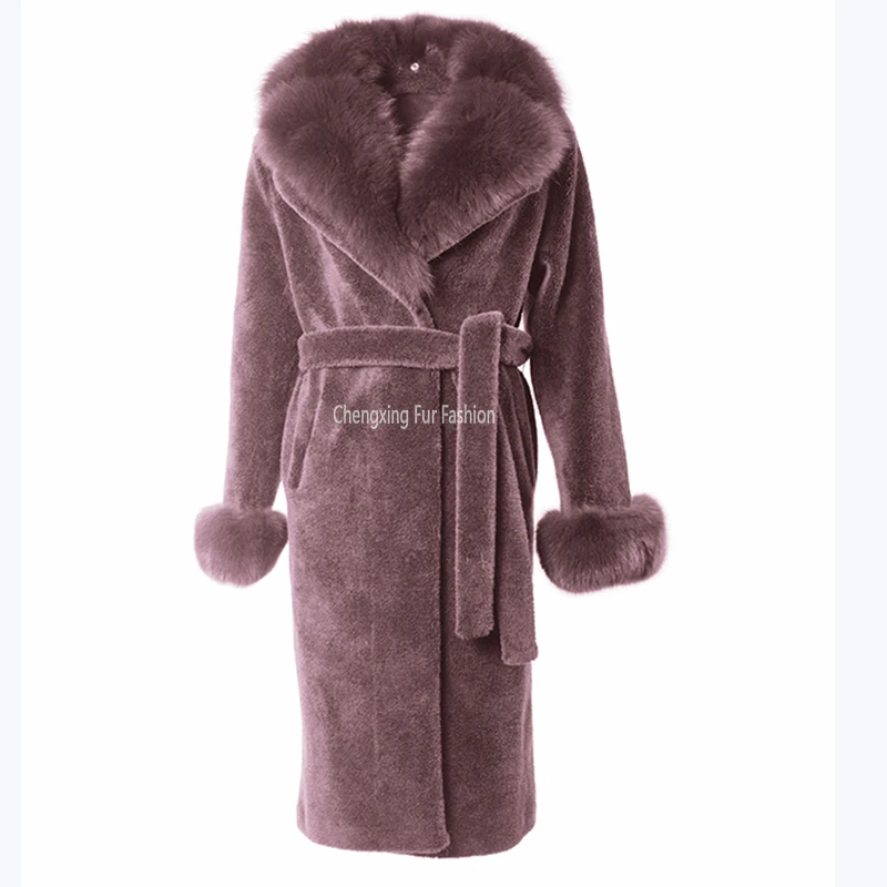CX-G-T-74D Fox Fur Shawl Collar and Cuffs Decorative Warm Shearing Sheep Wool Jacket Winter Fur Coat