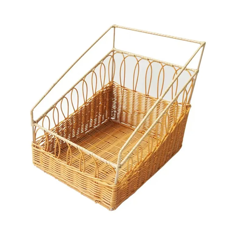 Customized PP Plastic Steel Handmade Woven Round Square Shape Bakery Bread Fruit Display Stand With Basket For Supermarket Shop