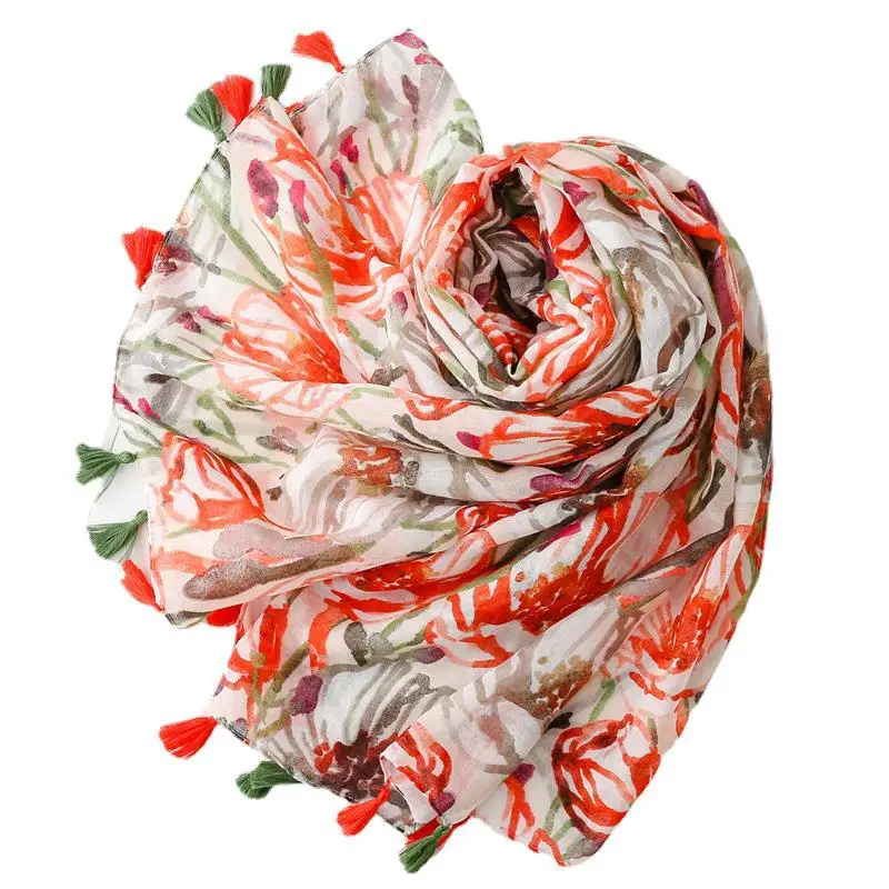 Wholesale High Quality Spring and Summer Cotton and Linen Hand Scarf Tulip Flower Lady Simple Style Ruffled Silk Scarf Shawl