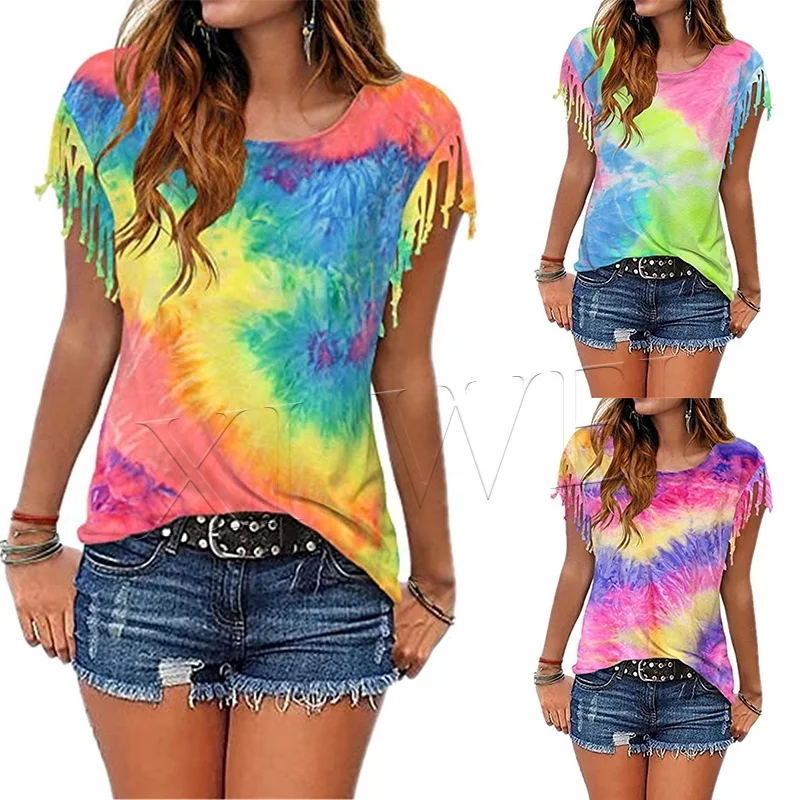 Оптовая продажа, модный вязаный женский топ, повседневная женская футболка с коротким рукавом и принтом