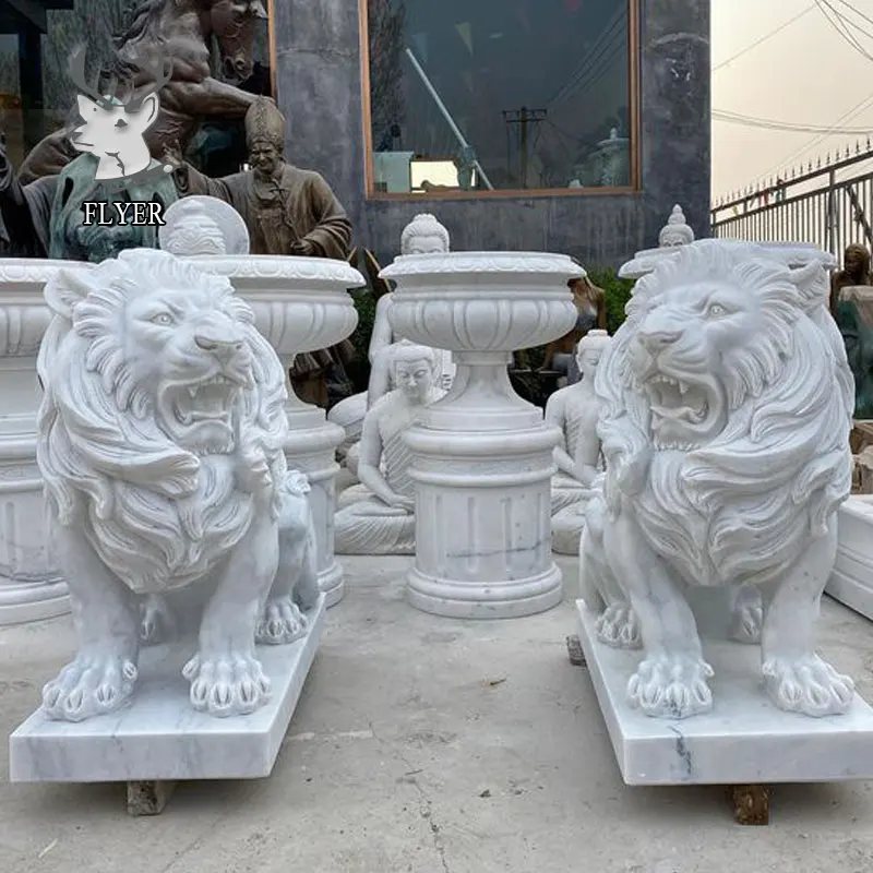Garden European Style Hand Carved Durable Stone Carving Angel and Lion with Rose Sculpture Cherub and Lion Marble Statue