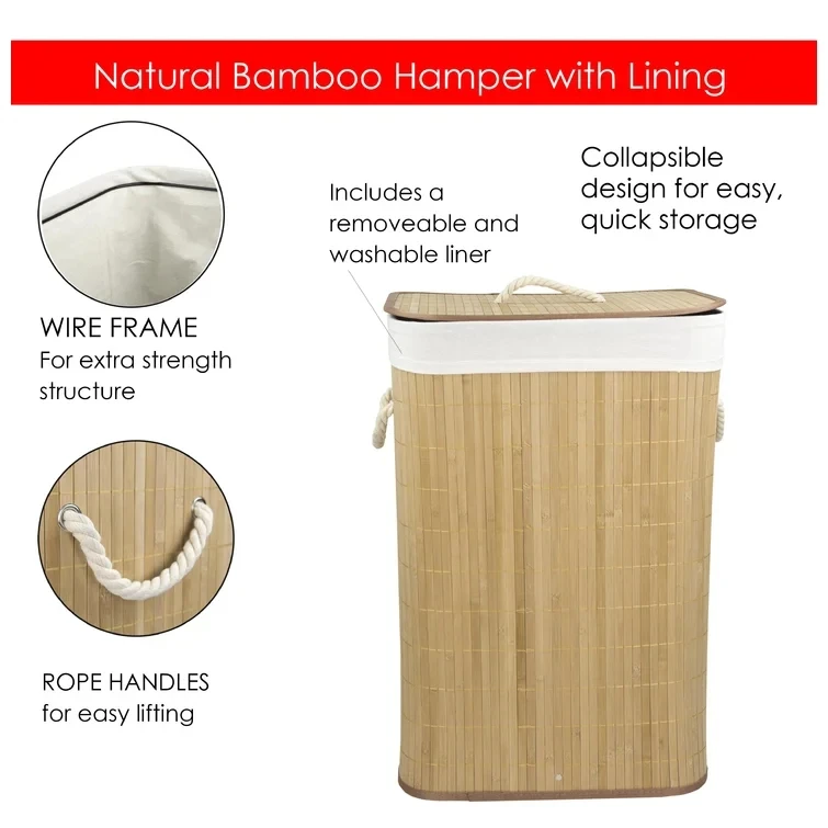Rectangle Folding Bamboo Laundry Hamper large space foldable bamboo laundry basket
