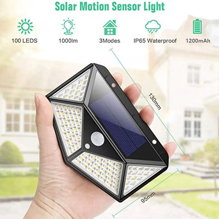 100 LED SMD 3 modes 270 big light emitting angle PIR motion sensor light solar wall light wireless outdoor waterproof LED IP65