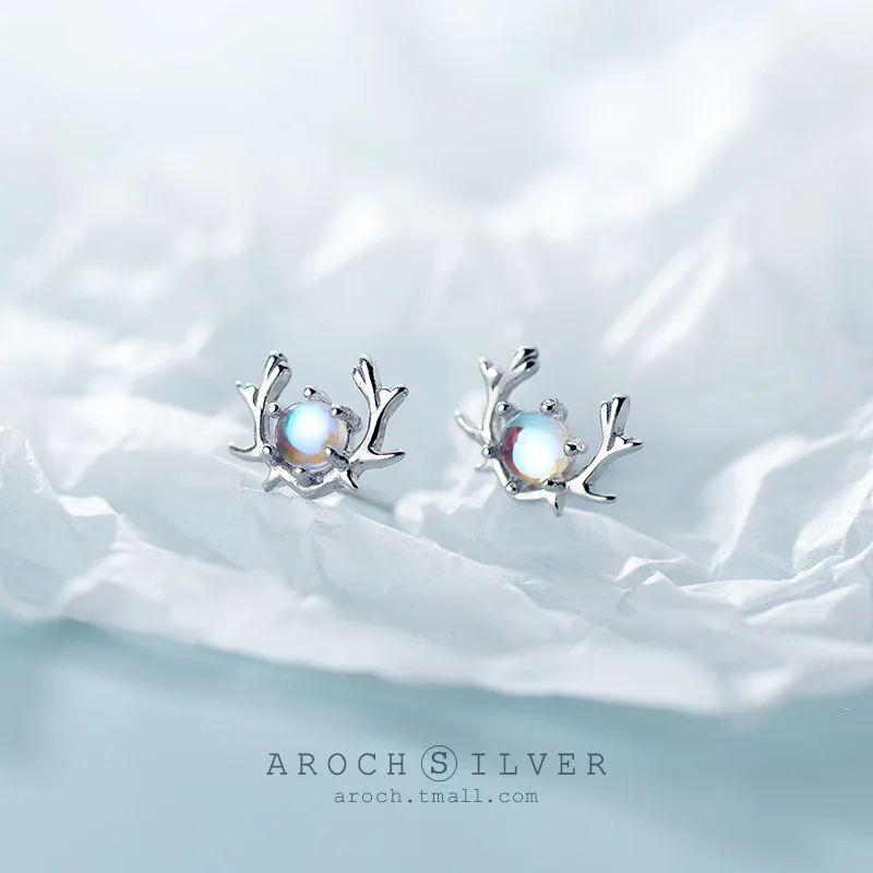 Fine Jewelry Christmas Elk Pattern Synthetic Moonstone Small Antlers 925 Silver Stud Earrings For Women