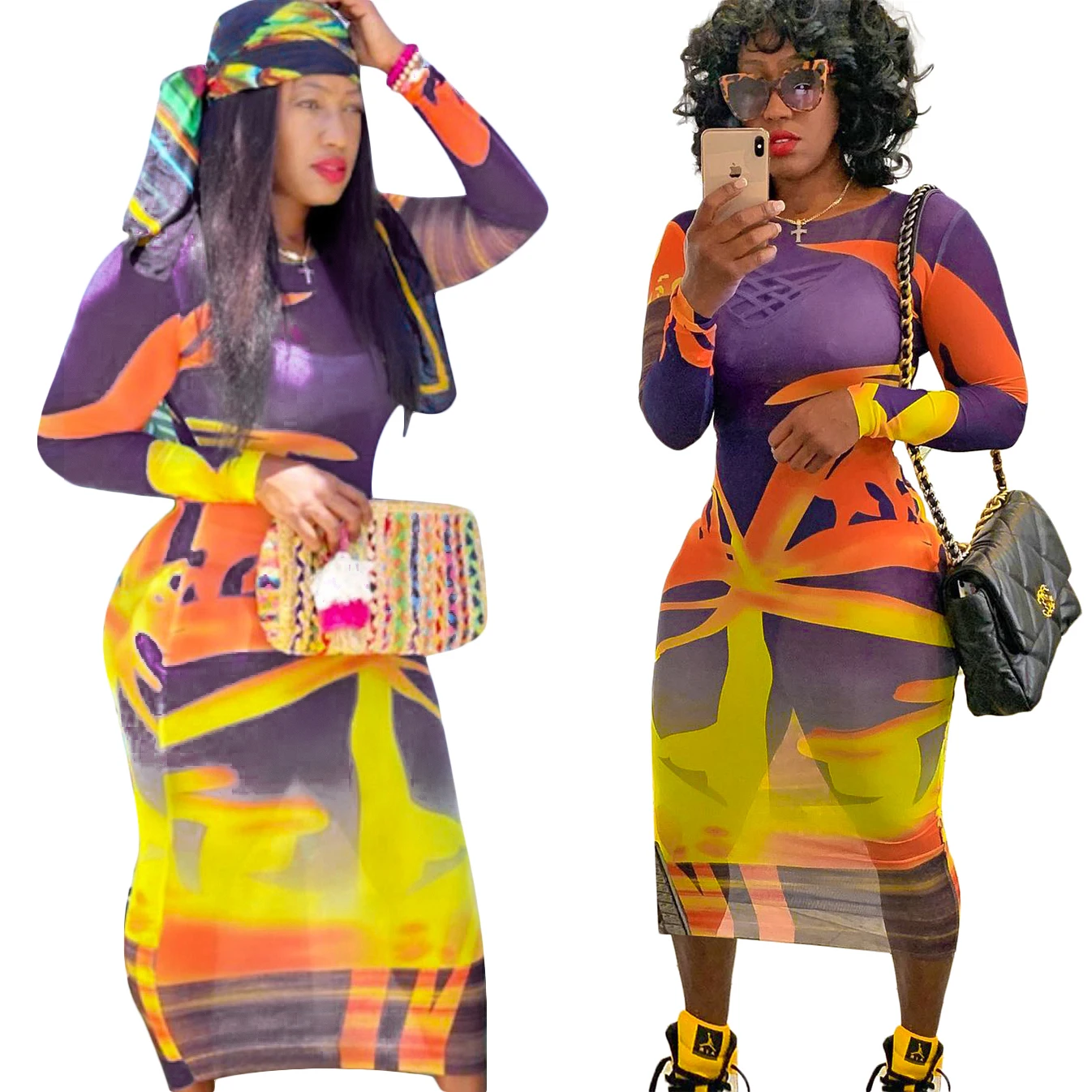 Fashion Casual print Net yarn O-Neck long sleeve maxi Length dress women