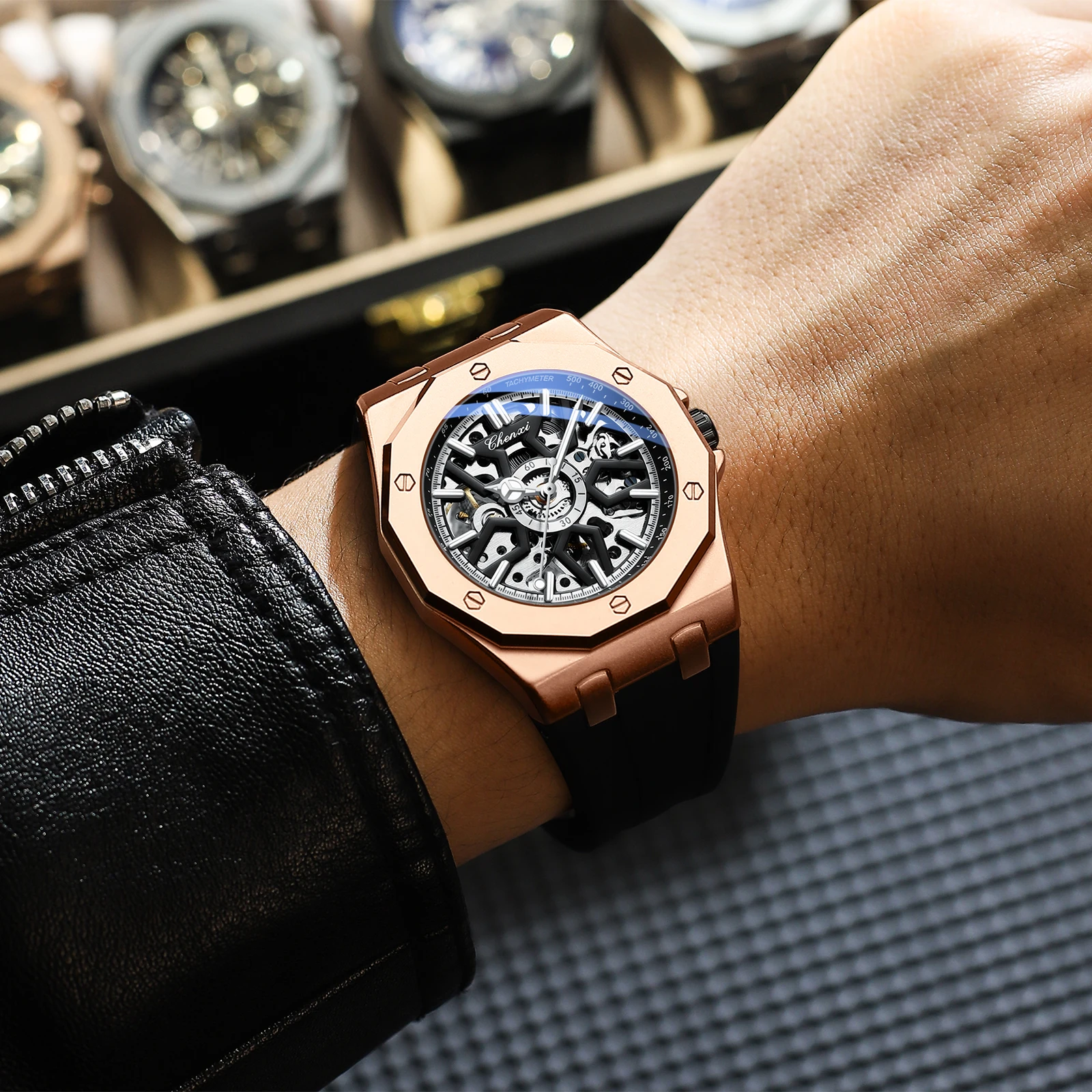 CHENXI 8868 New Hot Selling Men Mechanical Watches Waterproof Silicone Band Luminous Fully Automatic Watch Mens Rose Gold