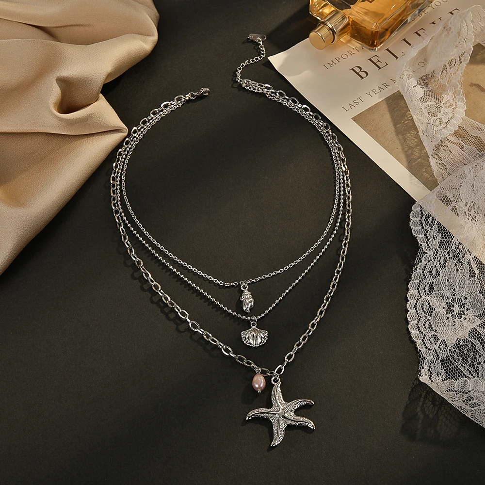 Summer Fashion Three-Layer Pearl Starfish Pendant Necklace Stainless Steel Shell Conch Necklace for Women