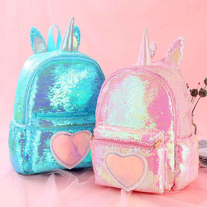 Cute Large capacity  Unicorn Sequins Bling heart shaped Backpacks fashion shining Girls Backpack School Bags mochilas wholesales